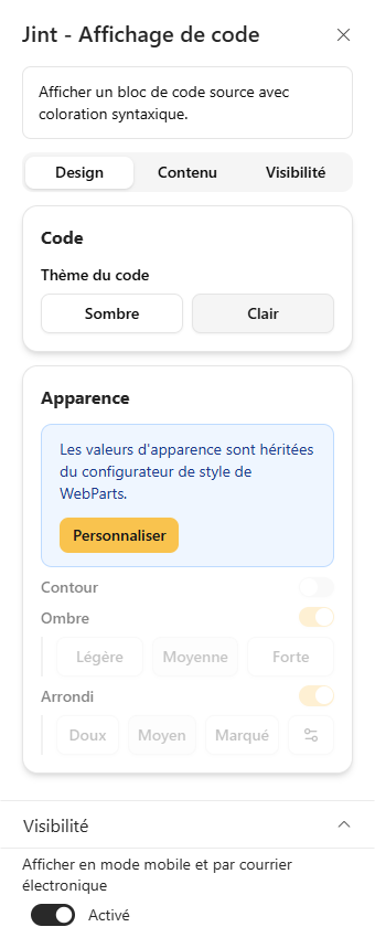 L'onglet Design : rubriques Couleurs du code et Apparence