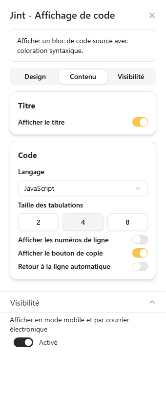 L'onglet Contenu : rubriques Titre et Code