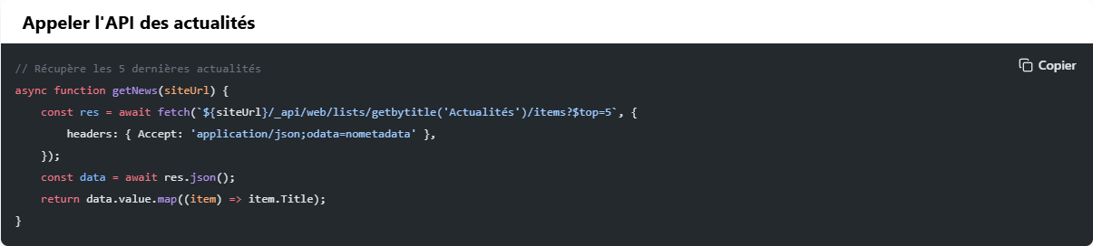 Un bloc de code JavaScript sur fond sombre, avec son titre et le bouton Copier