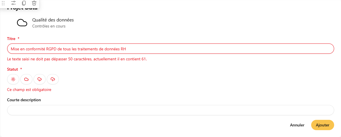The error messages: text too long and status required