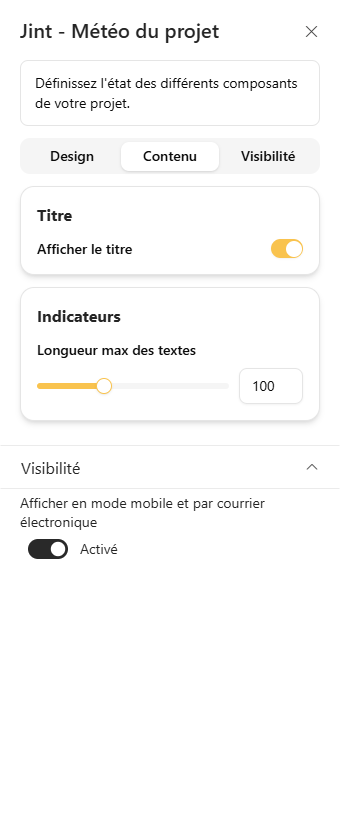 L'onglet Contenu : rubriques Titre et Indicateurs