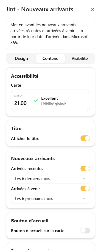L'onglet Contenu : Accessibilité, Titre, Nouveaux arrivants et Bouton d'accueil