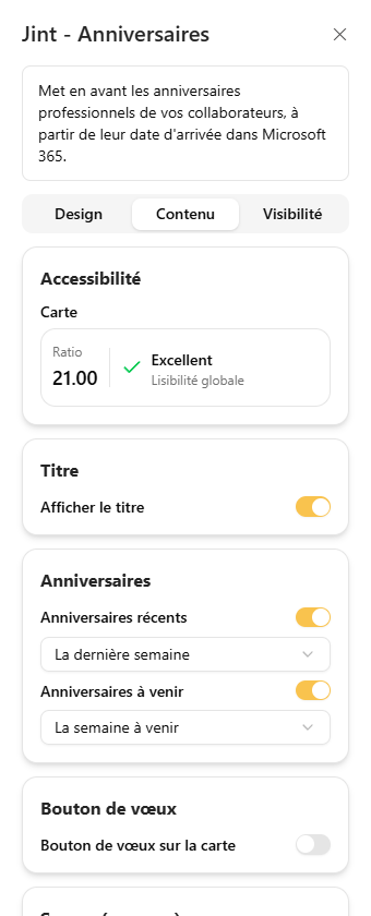 L'onglet Contenu : rubriques Accessibilité, Titre, Anniversaires et Bouton de vœux
