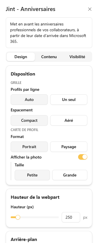 The Design tab: grid, profile card and web part height
