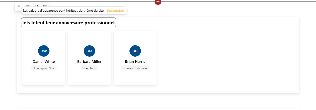 Tant que le composant suit le thème, le bandeau du thème s'affiche au-dessus du titre, avec le bouton Personnaliser