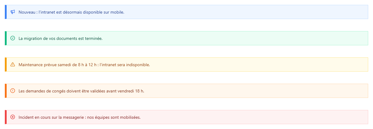 The five types: News flash, Success, Warning, Severe warning and Error