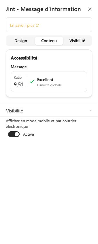 L'onglet Contenu : la rubrique Accessibilité mesure le message