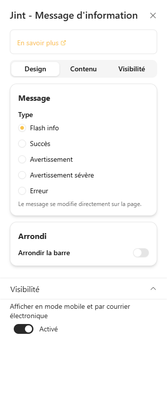 The Design tab: Message and Corner radius sections