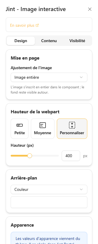 La rubrique Hauteur du composant WebPart