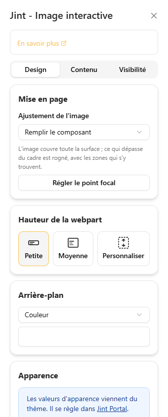La rubrique Mise en page, en Remplir le composant WebPart, avec le bouton Régler le point focal