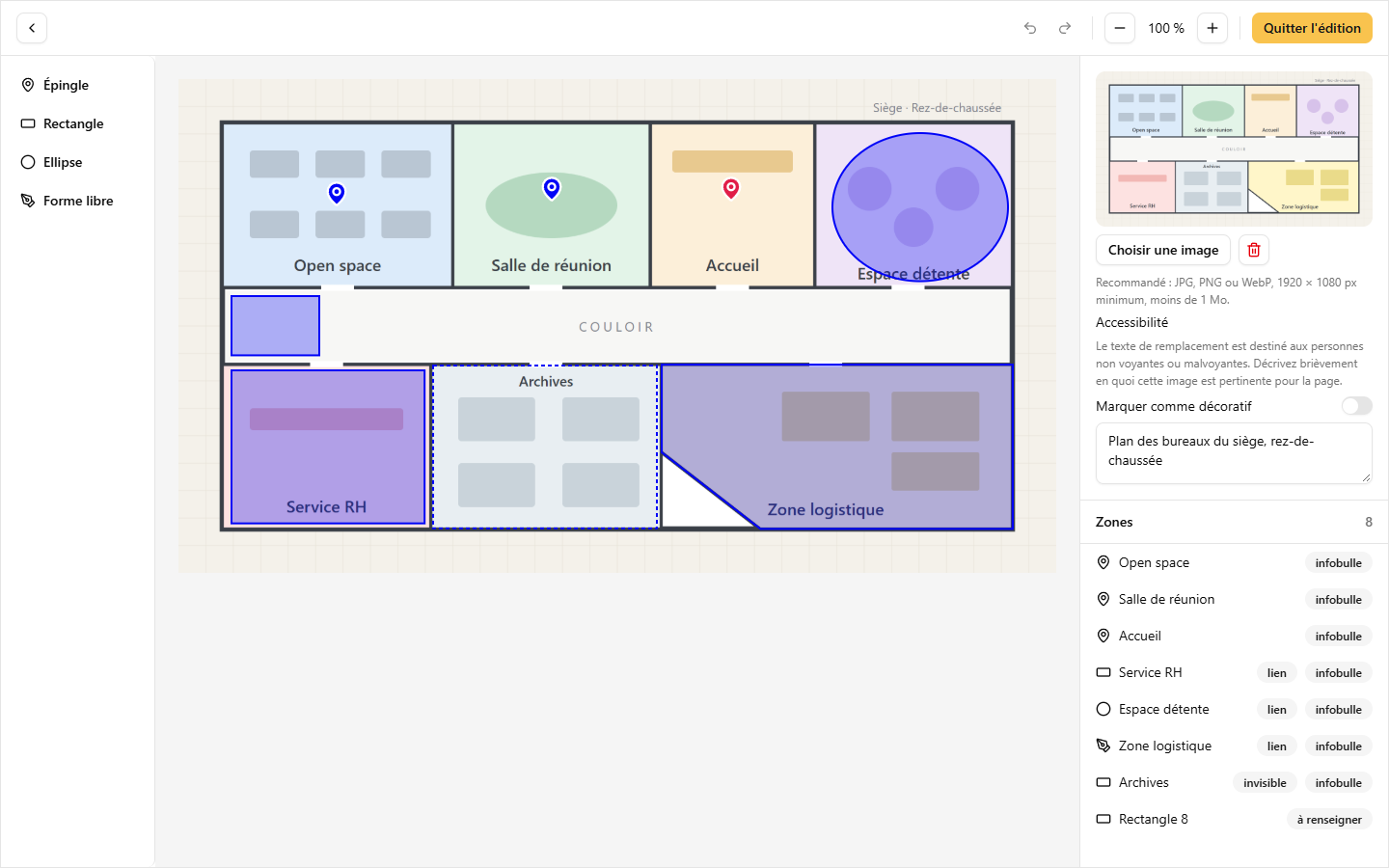 L'édition des zones interactives : outils, image et liste des zones avec leurs badges