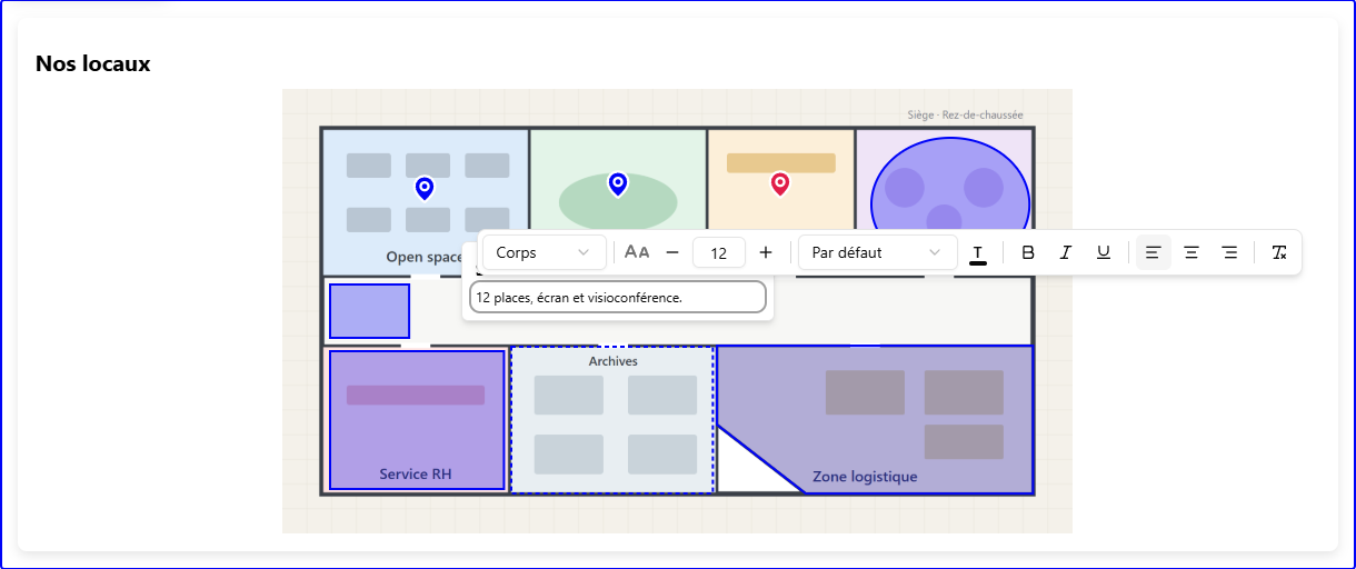 En mode édition de la page, l'infobulle ouverte avec sa barre d'outils