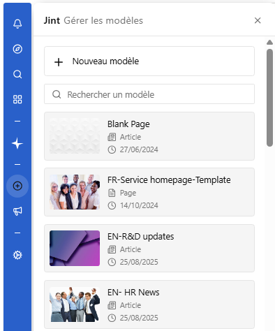 La liste des modèles, avec le bouton Nouveau modèle et le champ de recherche