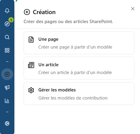 Le menu Création avec les choix Une page, Un article et Gérer les modèles