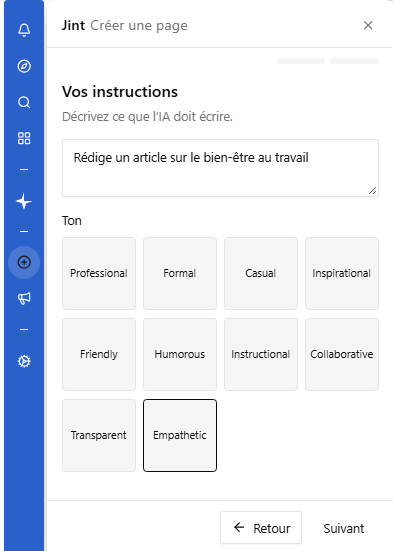 L'étape Vos instructions, avec le choix du ton