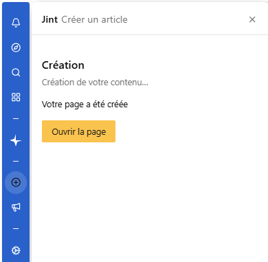 Le message Votre page a été créée, avec le bouton Ouvrir la page