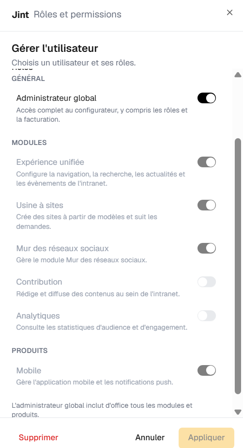 Le panneau Gérer l'utilisateur, avec les rôles Administrateur global et Contribution