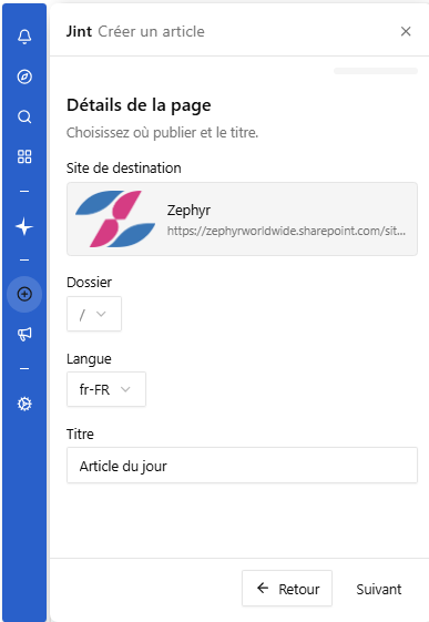 L'étape Détails de la page, avec les champs Site de destination, Dossier, Langue et Titre