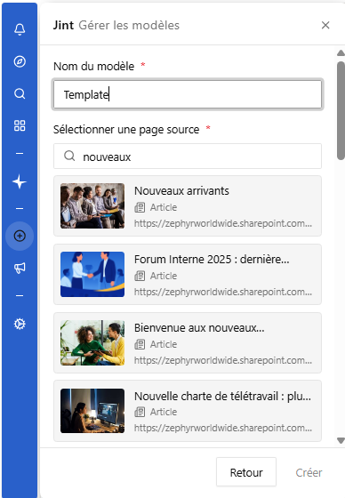 Le formulaire Nouveau modèle, avec les champs Nom du modèle et Sélectionner une page source