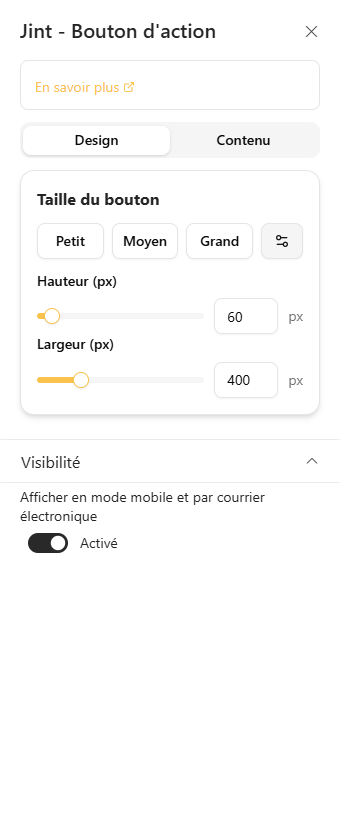 L'onglet Design : la rubrique Taille du bouton en taille personnalisée
