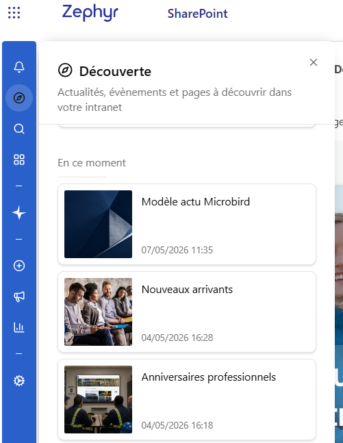 Les actualités dans le menu Découverte de l'Expérience unifiée