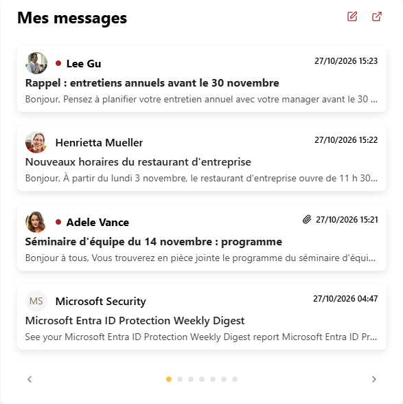 Les derniers e-mails du visiteur : les non lus se distinguent par une pastille et le gras