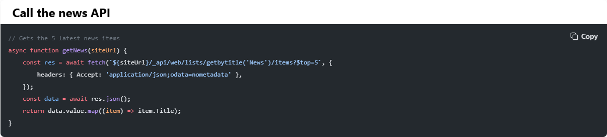 A JavaScript code block on a dark background, with its title and the Copy button