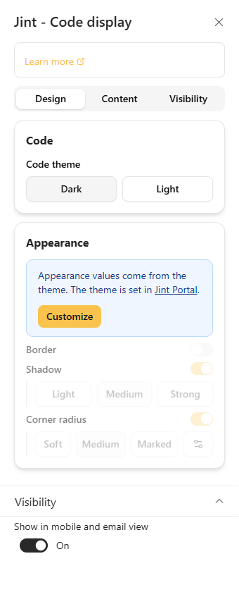 The Design tab: Code colors and Appearance sections