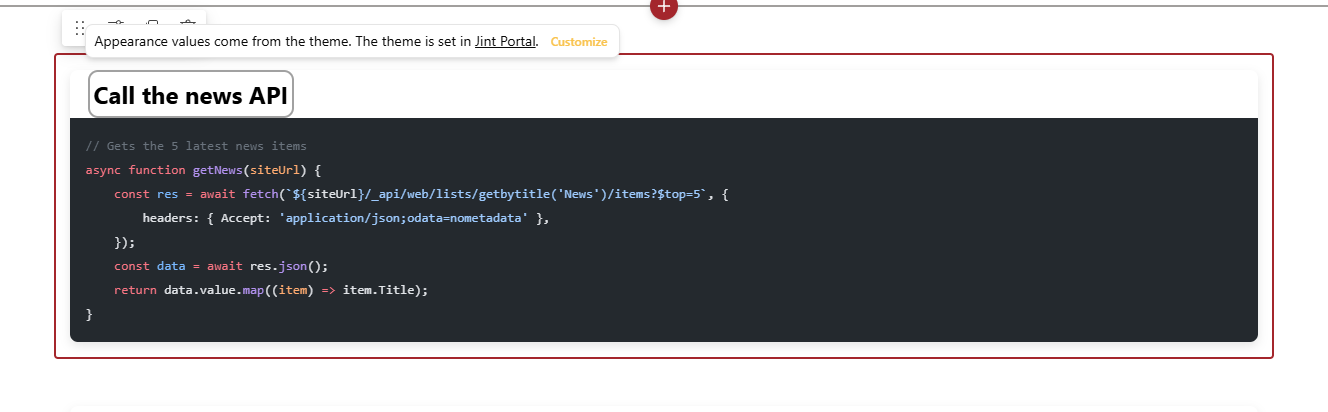 While the web part follows the theme, the theme banner shows above the title, with the Customize button