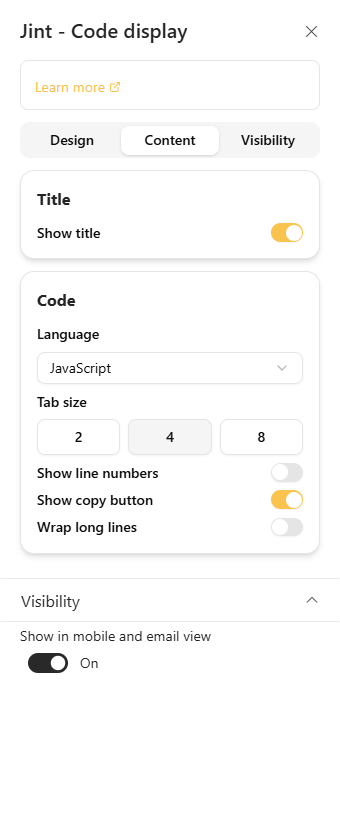 The Content tab: Title and Code sections
