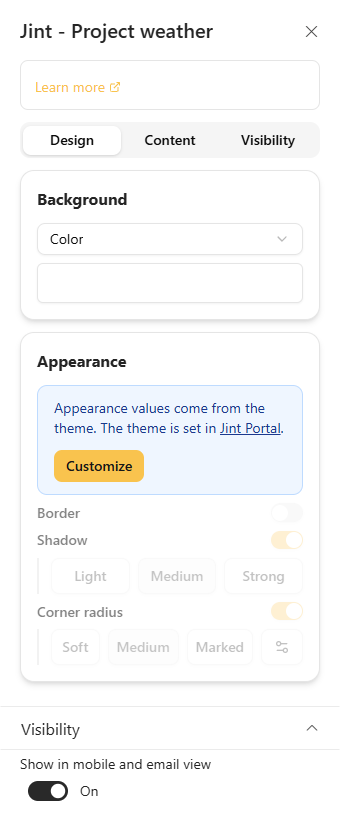 The Design tab: Background and Appearance sections
