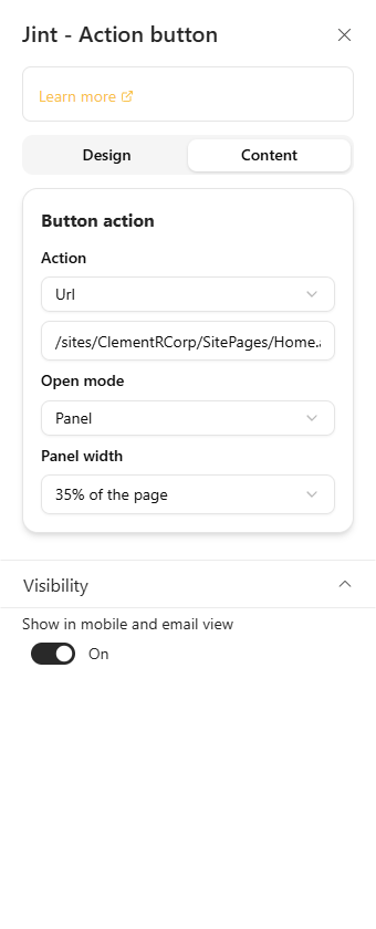 The Content tab: the Button action section, opening in a panel
