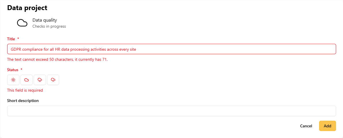 The error messages: text too long and status required
