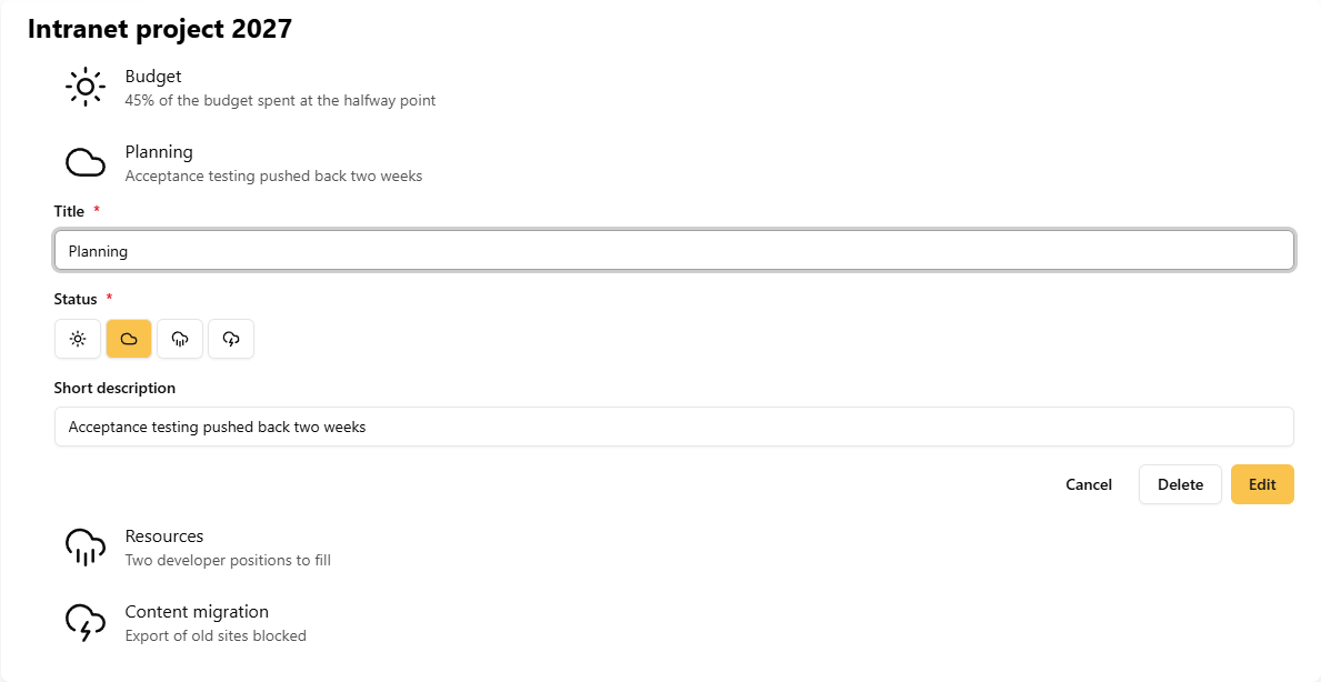 The edit form, below the highlighted indicator