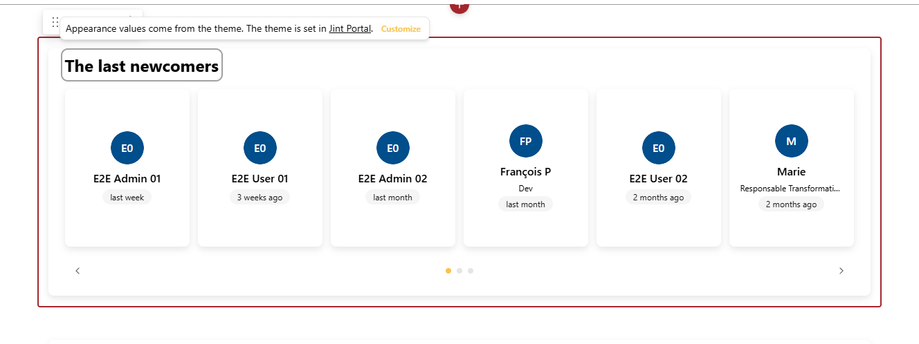 While the web part follows the theme, the theme banner shows above the title, with the Customize button