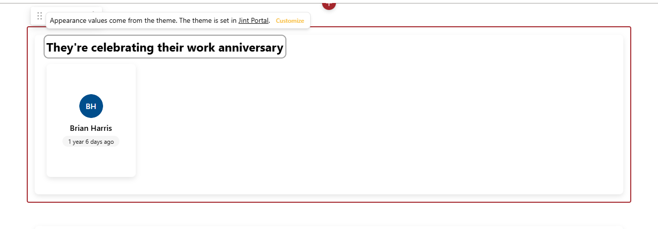While the web part follows the theme, the theme banner shows above the title, with the Customize button