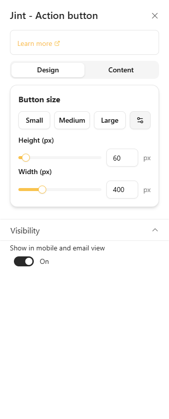 The Design tab: the Button size section with a custom size