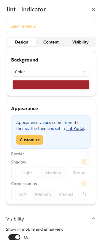 The Design tab: Background and Appearance sections