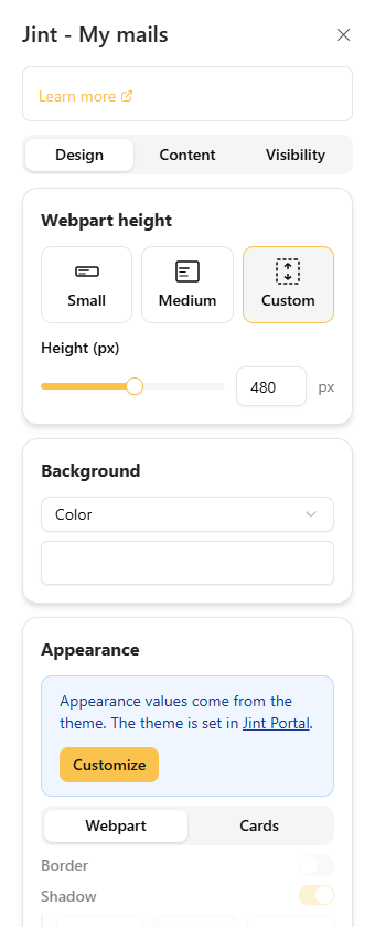 The Design tab: Height, Background and Appearance
