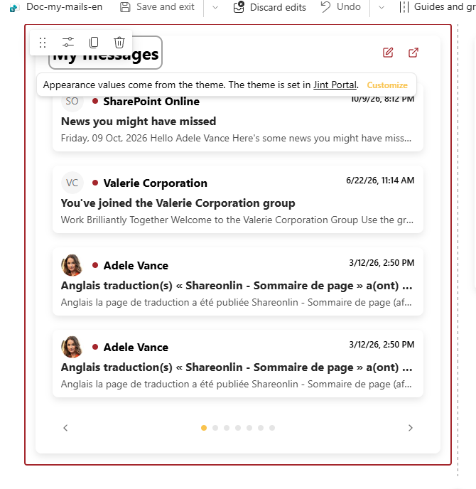 The title is edited on the page; as long as the web part follows the Jint theme, the theme banner replaces the toolbar