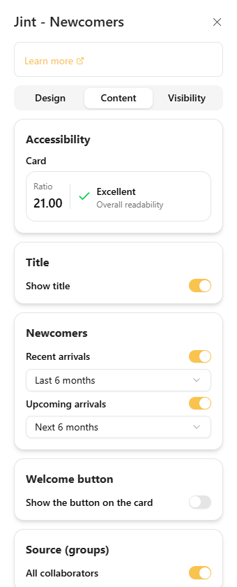 The Content tab: Accessibility, Title, Newcomers and Welcome button