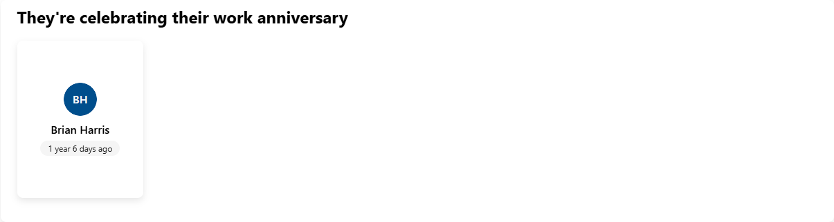 The Work anniversaries web part with its default title: one card per collaborator, with their anniversary badge