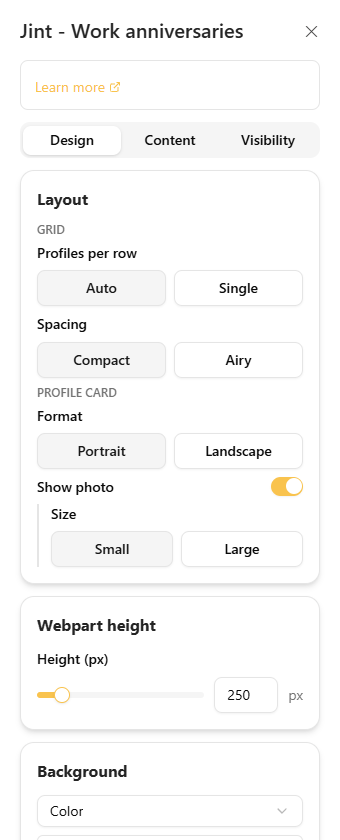 The Design tab: grid, profile card and web part height