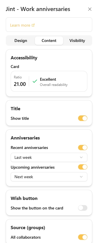 The Content tab: Accessibility, Title, Work anniversaries and Wishes button sections