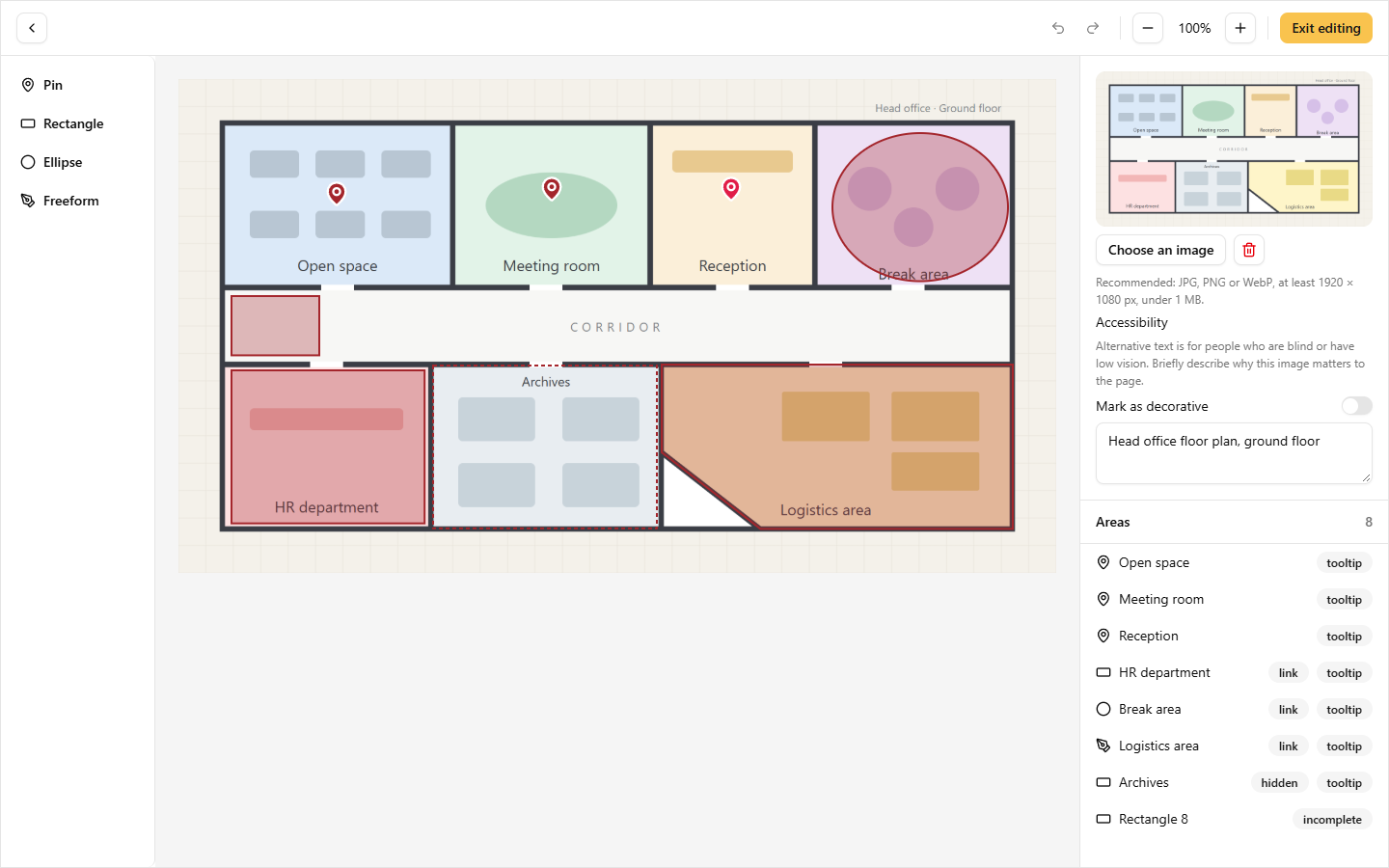 Interactive area editing: tools, image and list of areas with their badges