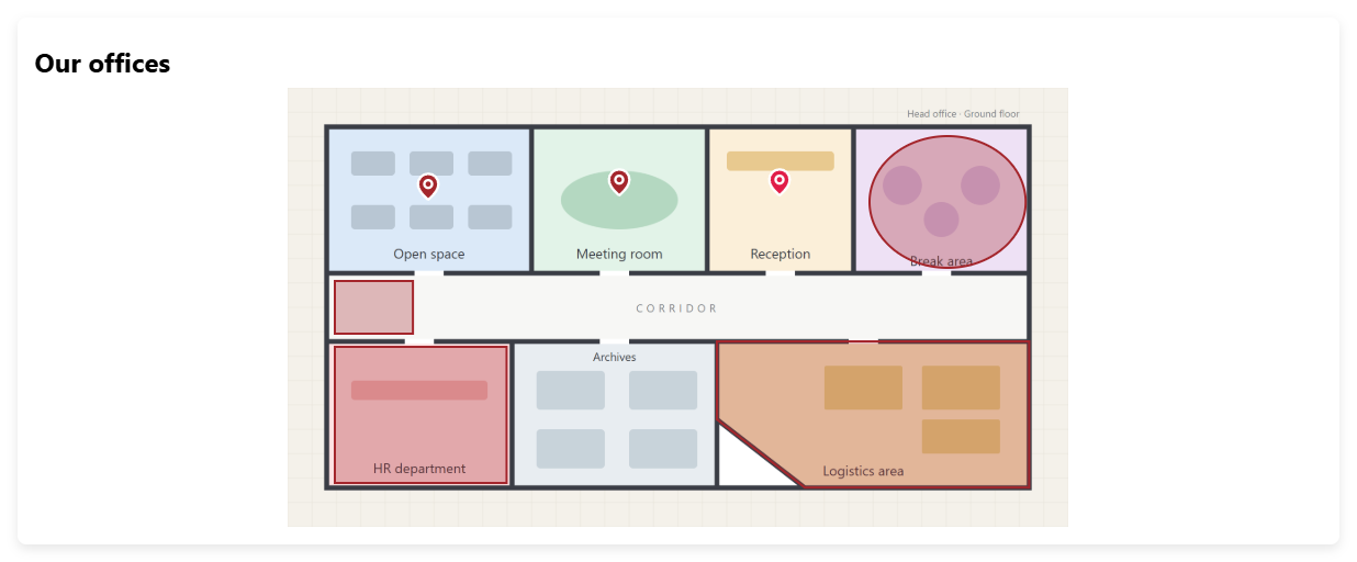 An image map: pins and areas placed on a floor plan