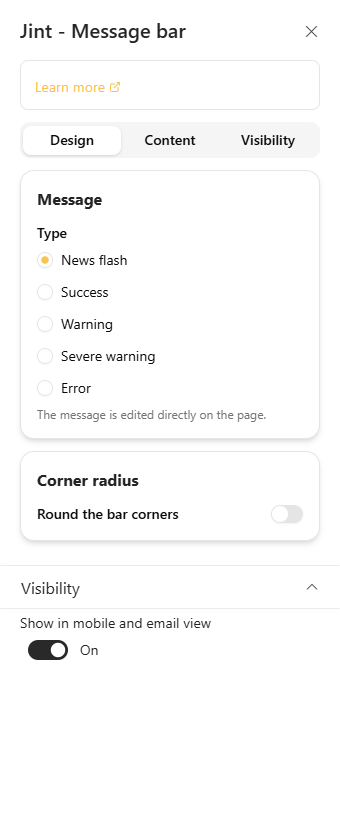 The Design tab: Message and Corner radius sections